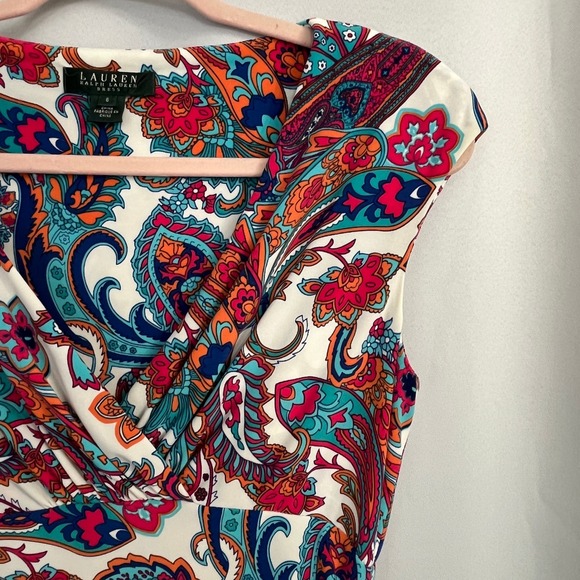 Lauren Ralph Lauren Paisley Sheath Dress Women Sz 6 Cap Sleeve Ruched Feminine - Picture 5 of 16